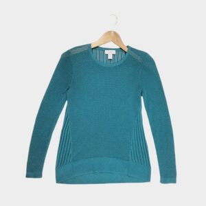 Women's Open Knit Crew Neck Sweater Size M Petite Dark Teal 100% Cotton Pullover